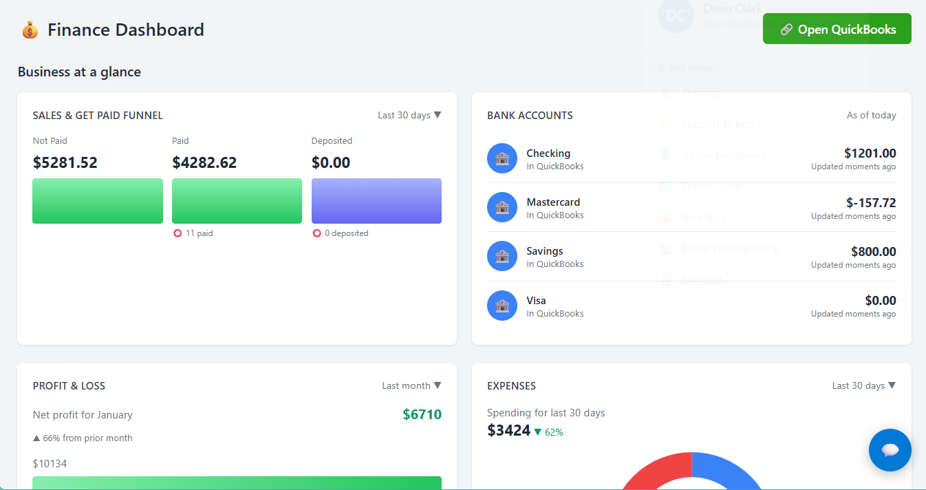 BetterRoofingPro finance dashboard with QuickBooks sync